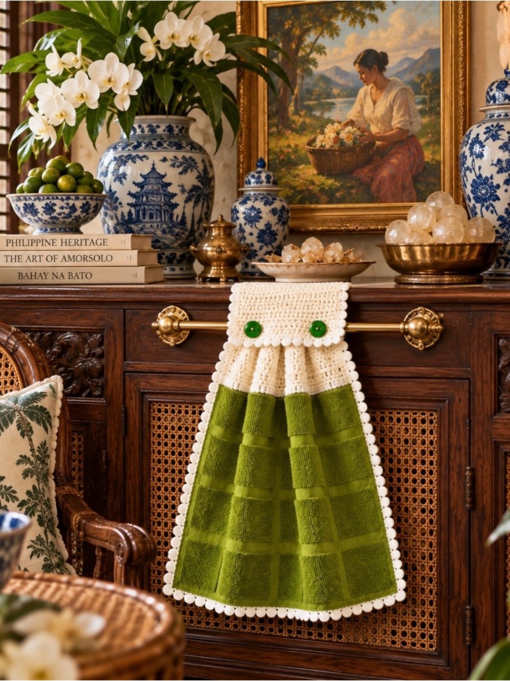 Handmade Chartreuse Olive Green Crochet Hanging Kitchen Towel